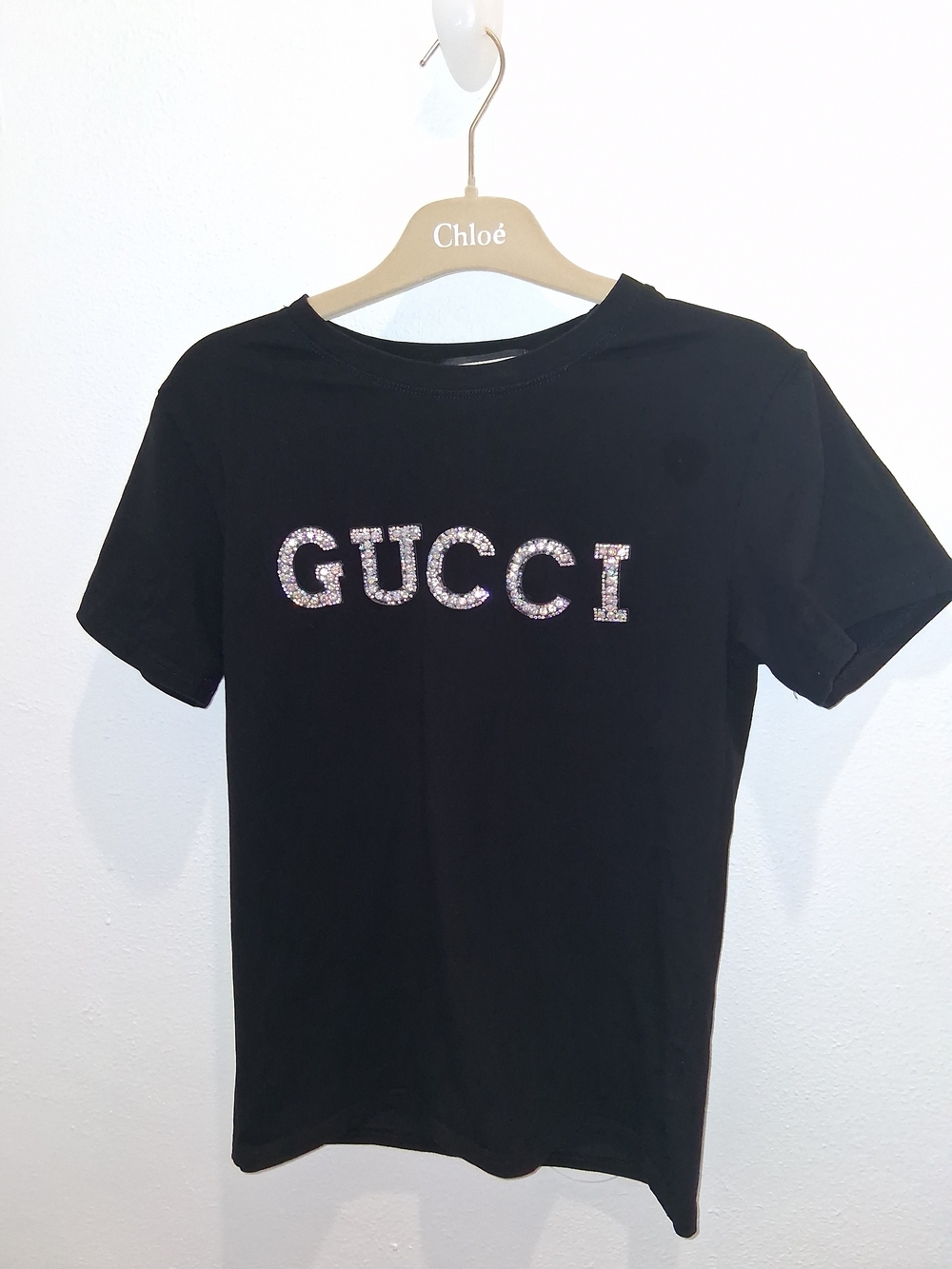 Gucci Women Black Logo Tee with Crystal Embellishment.Size.S